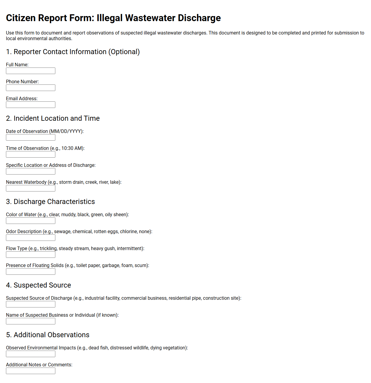 Citizen report form for illegal wastewater discharge