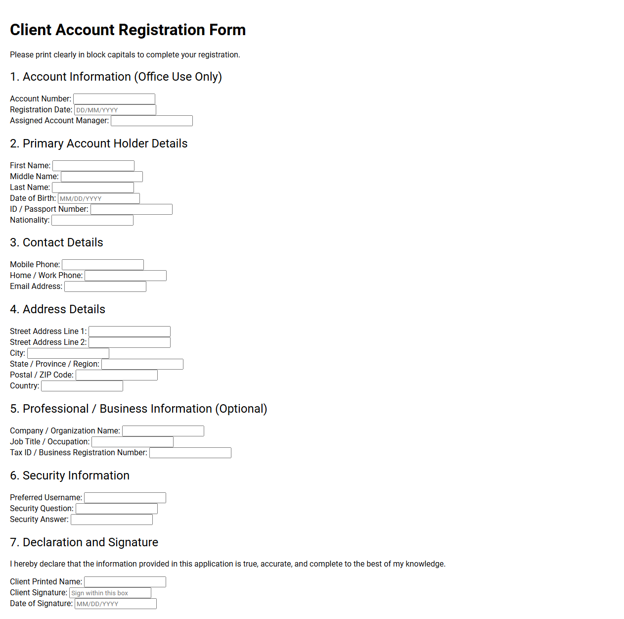 Client Account Registration Form Template