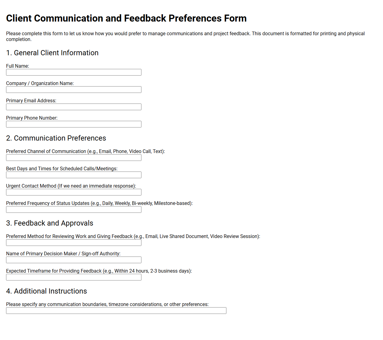 Client Communication and Feedback Preferences Form