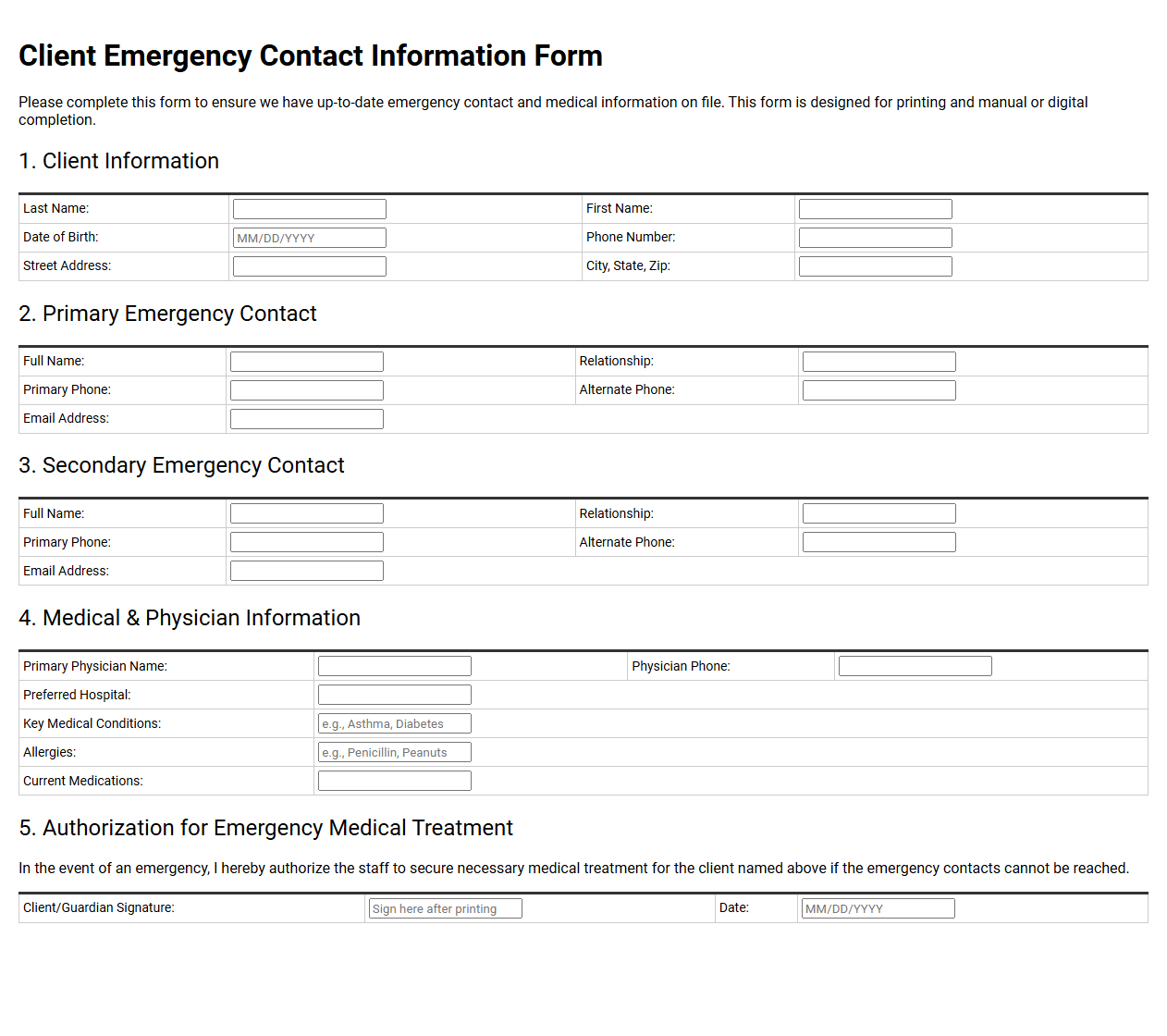 Client Emergency Contact Information Form