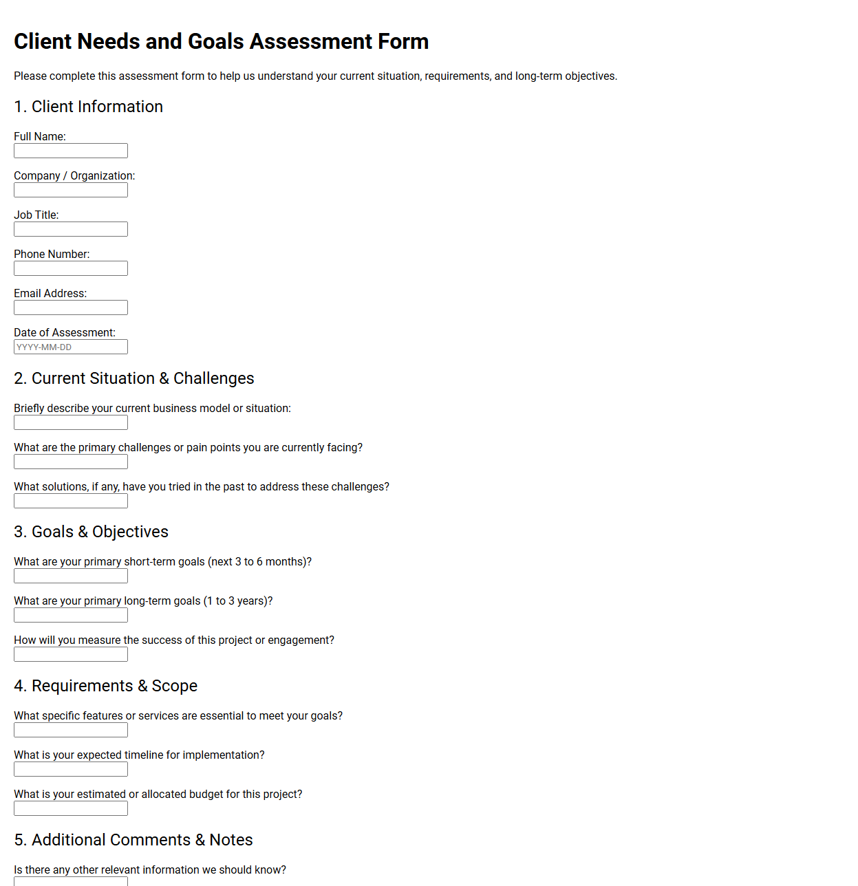 Client Needs and Goals Assessment Form