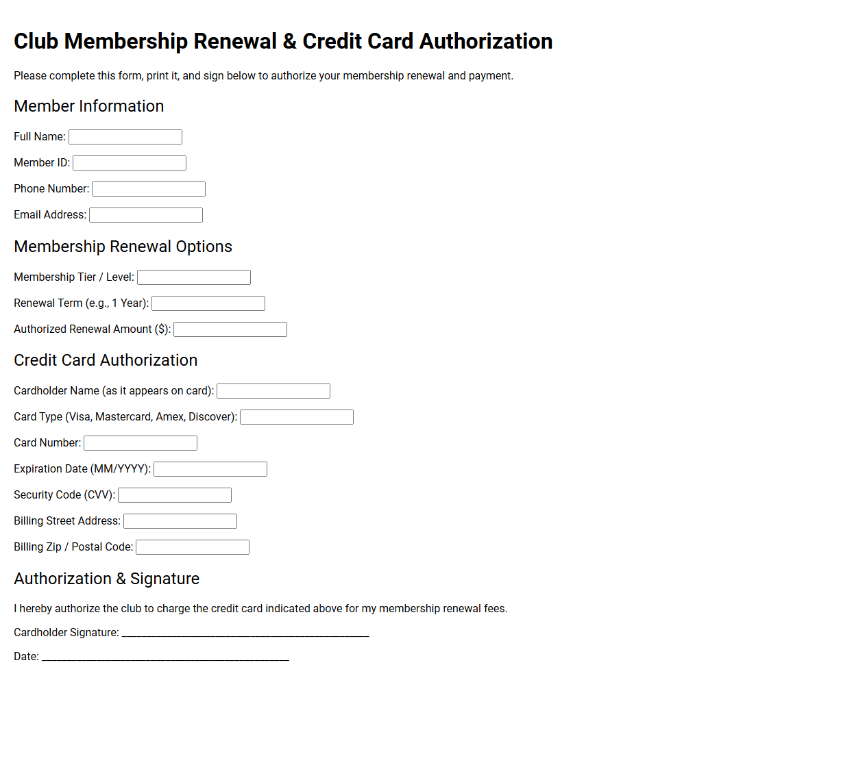 Club Membership Renewal and Credit Card Authorization