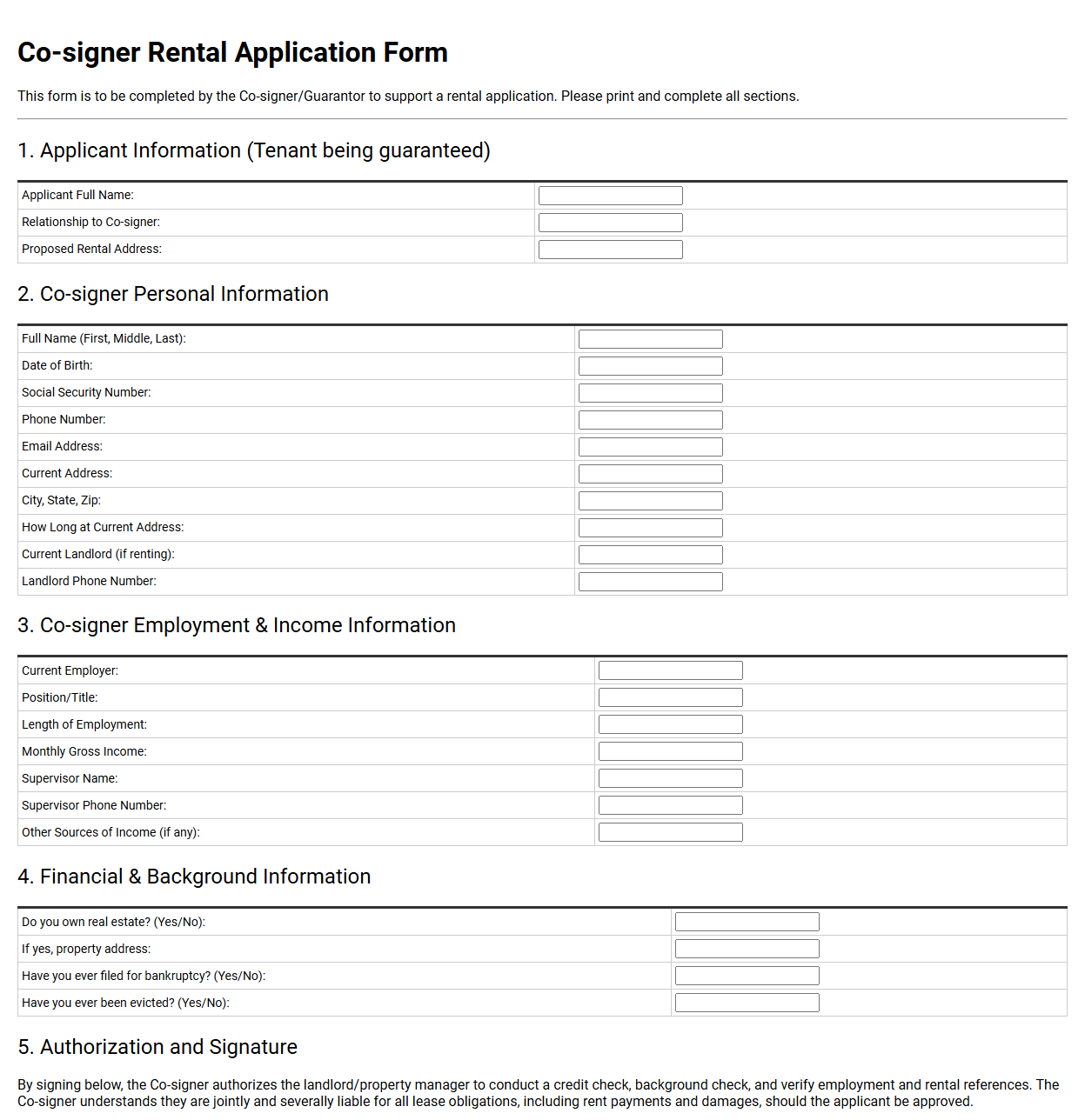 Co-signer Rental Application Form