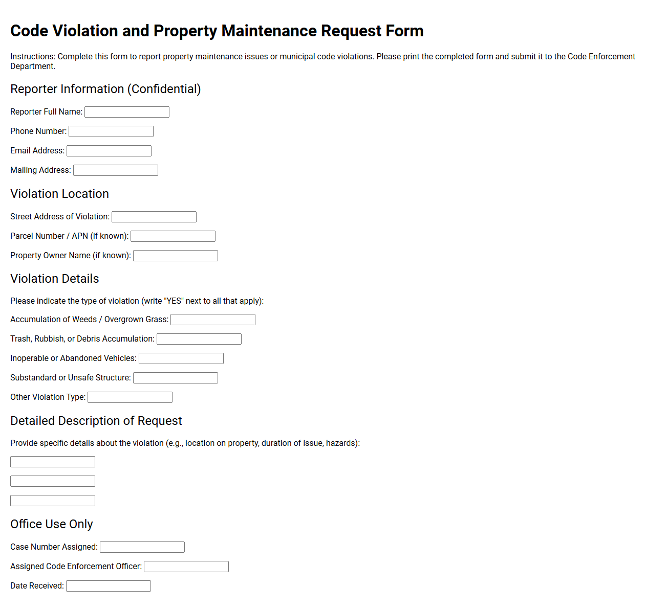 Code Violation and Property Maintenance Request Form