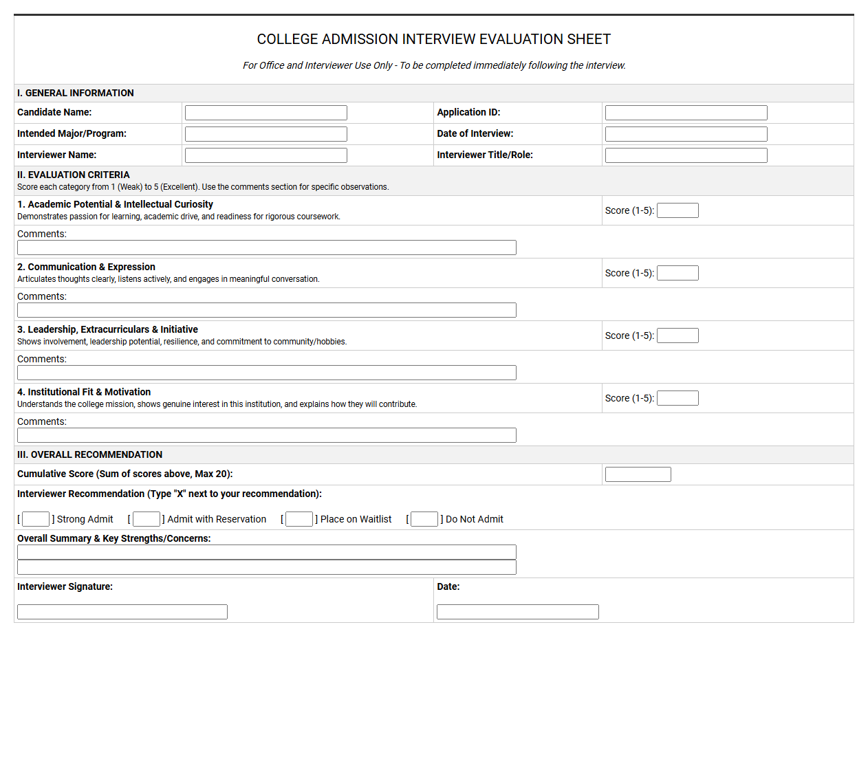 College Admission Interview Evaluation Sheet