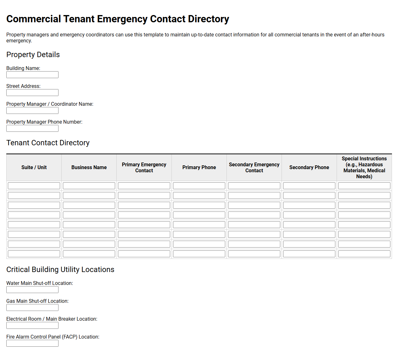 Commercial Tenant Emergency Contact Directory Template