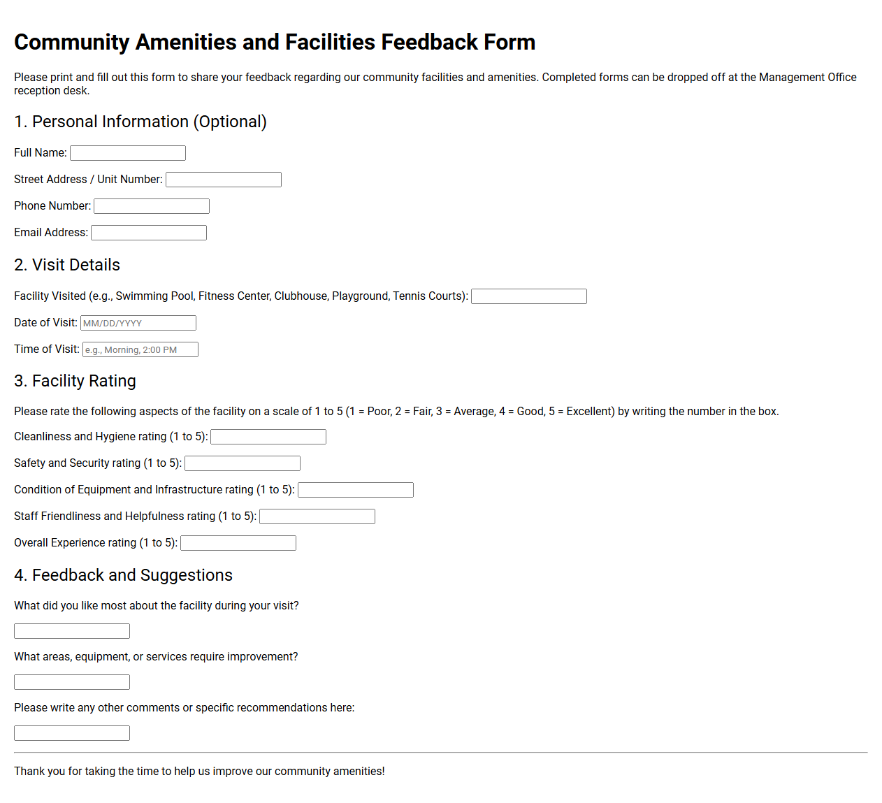 Community Amenities and Facilities Feedback Form