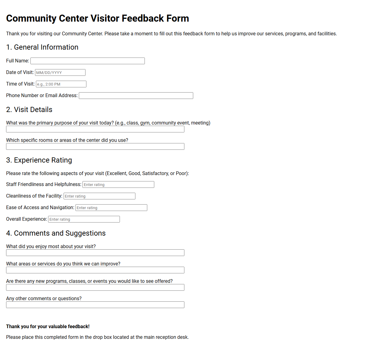 Community Center Visitor Feedback Template