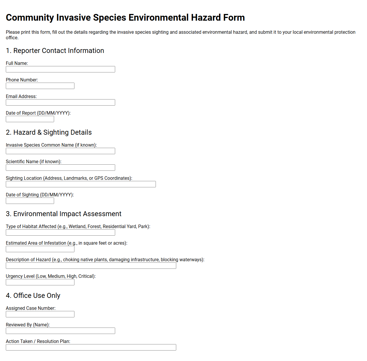 Community invasive species environmental hazard form