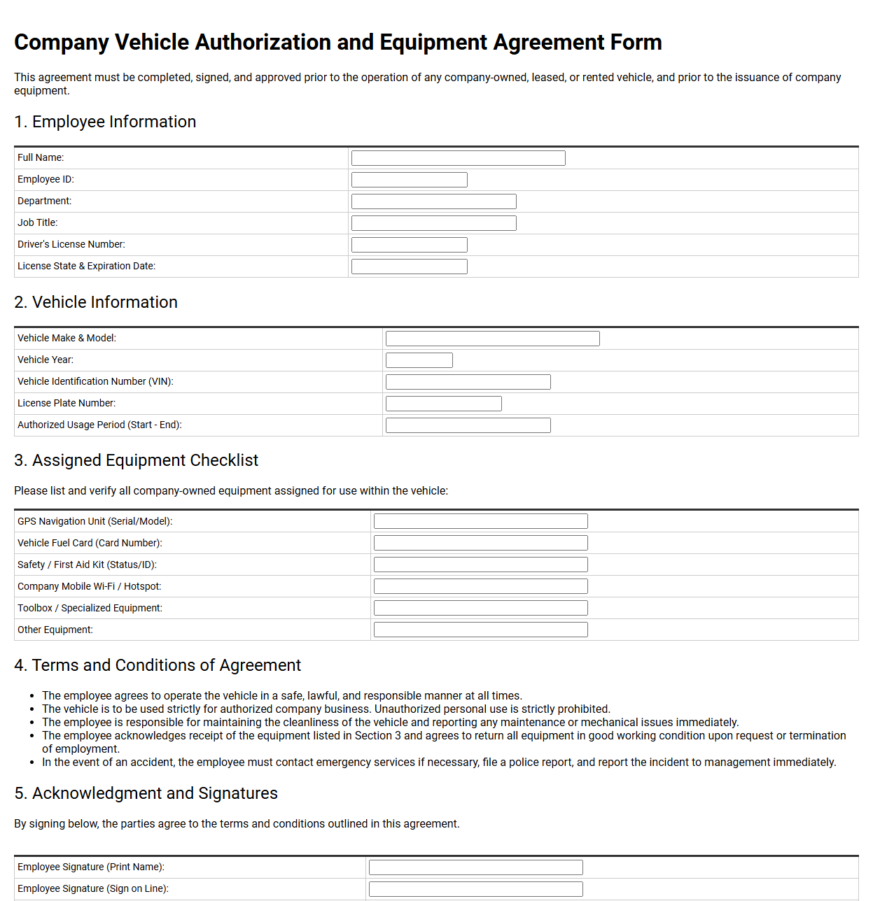 Company Vehicle Authorization and Equipment Agreement Form