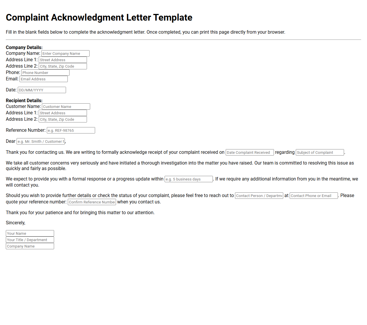 Complaint Acknowledgment Letter Template