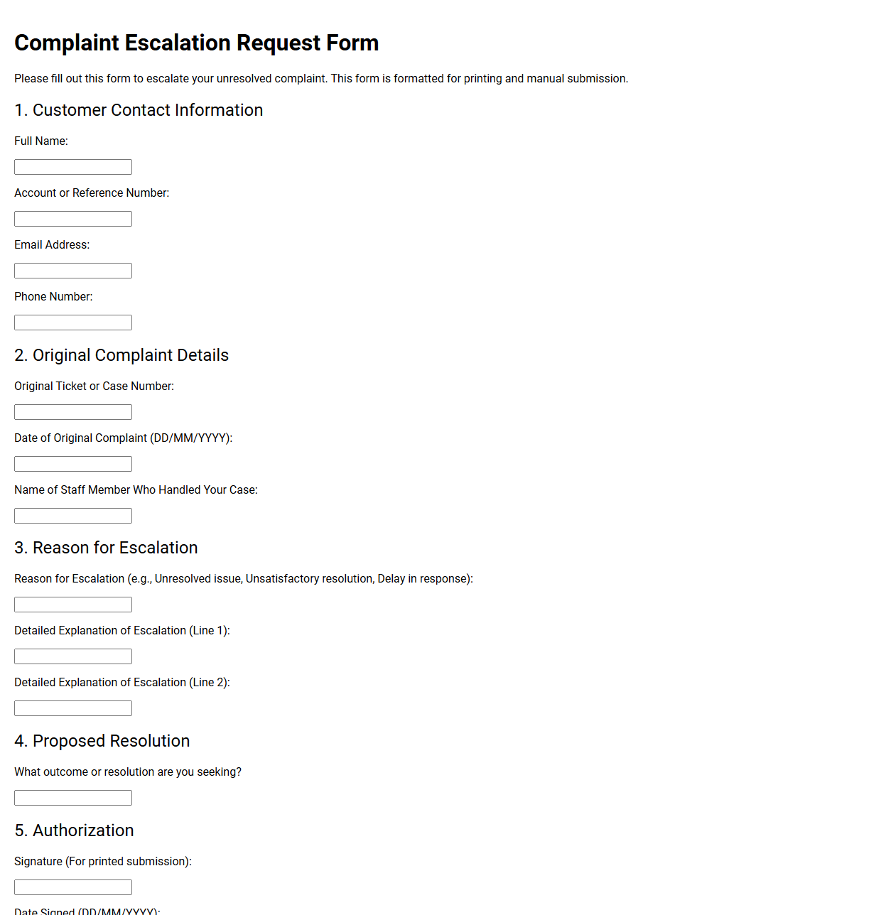 Complaint Escalation Request Form
