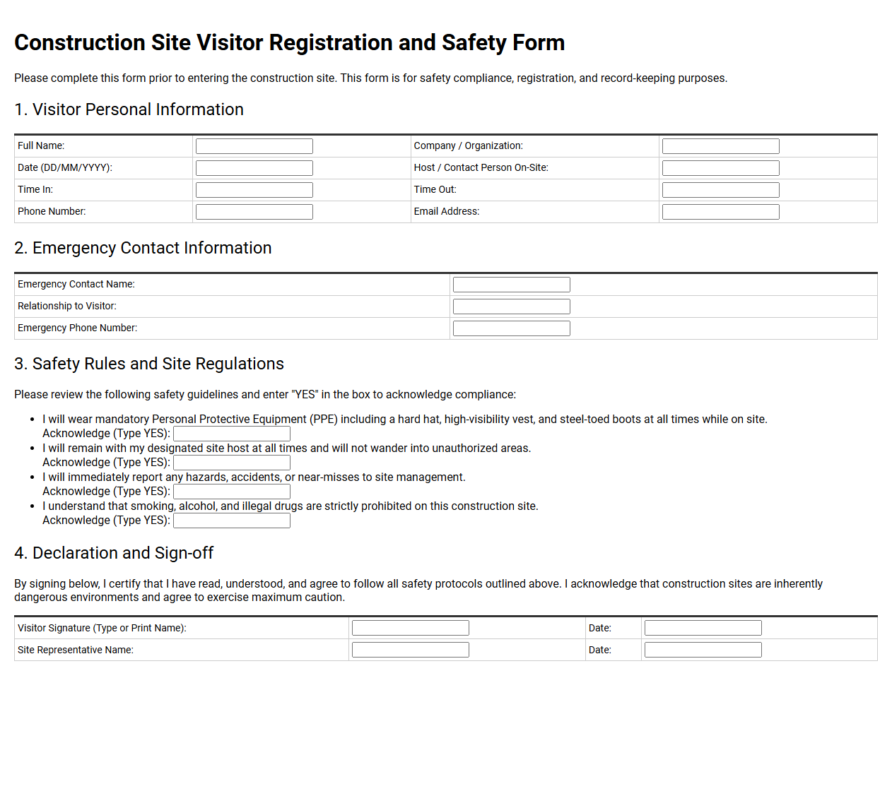 Construction Site Visitor Registration and Safety Form