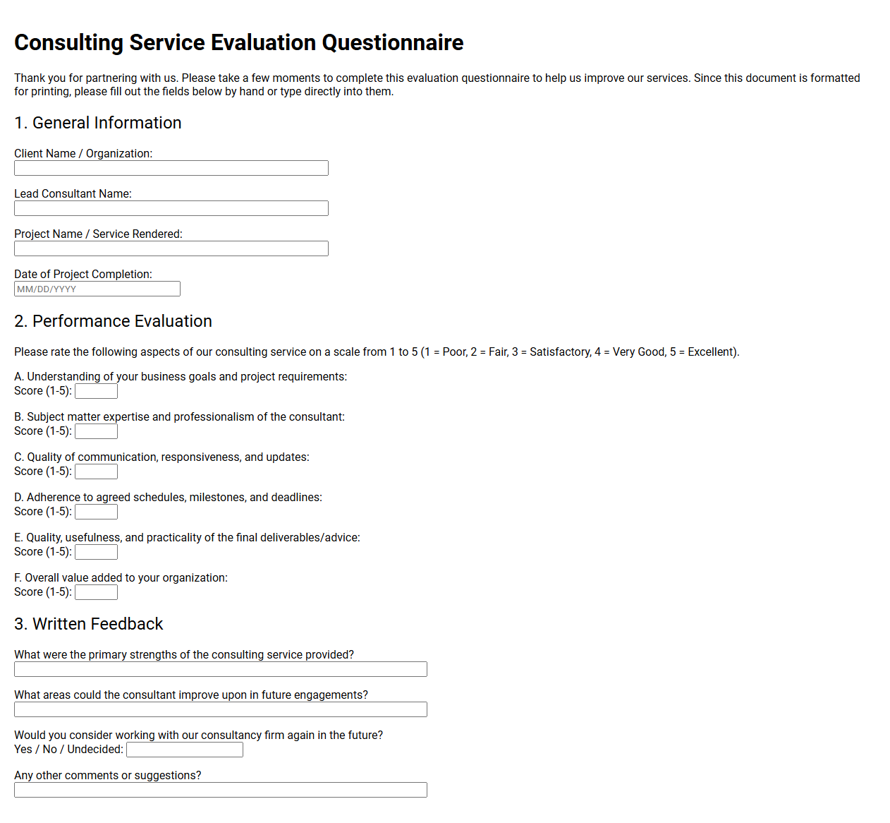 Consulting Service Evaluation Questionnaire