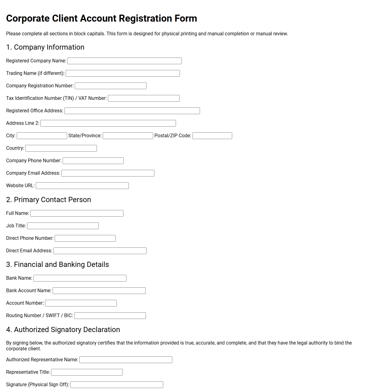 Corporate Client Account Registration Form