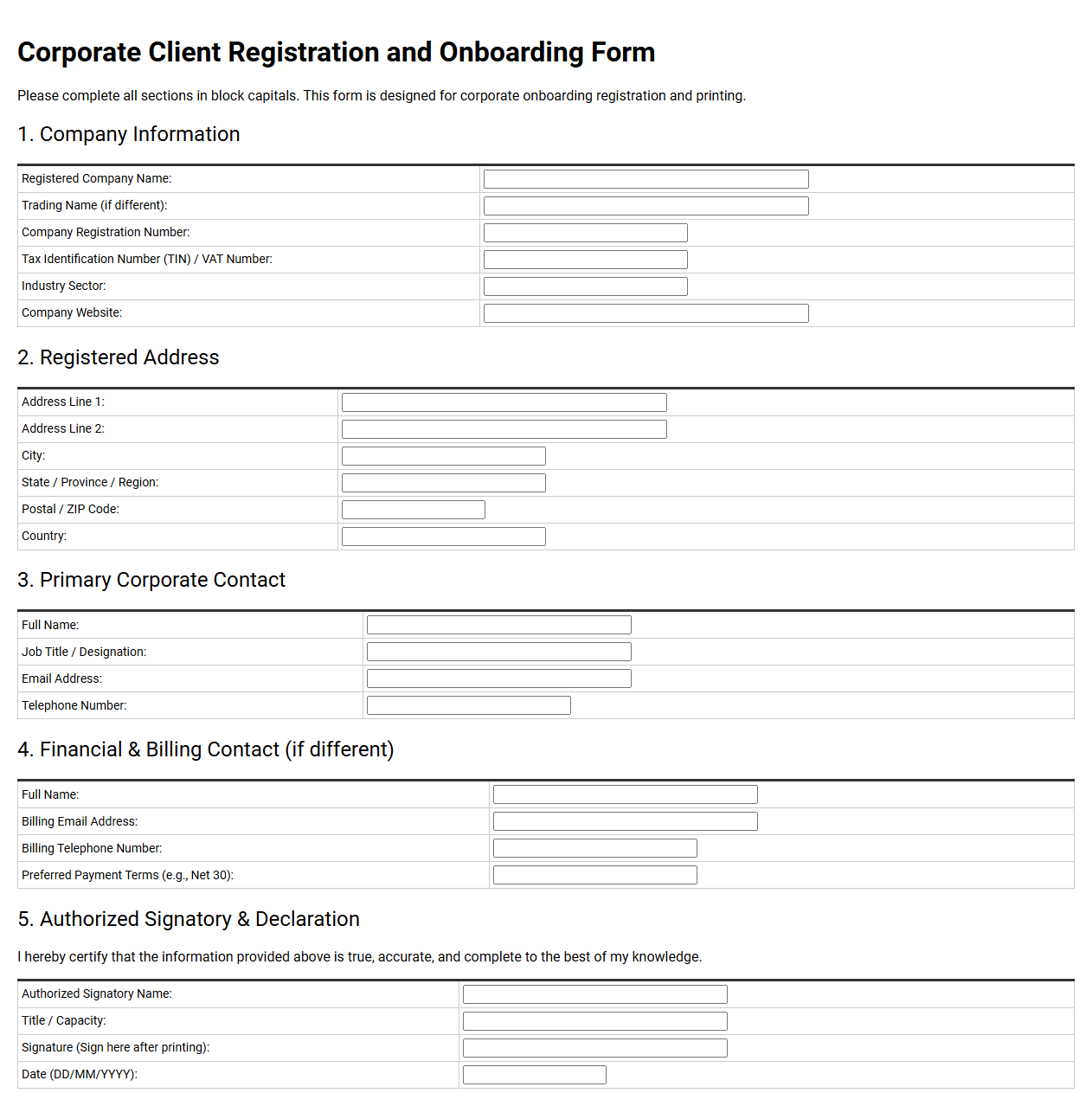 Corporate Client Registration and Onboarding Form