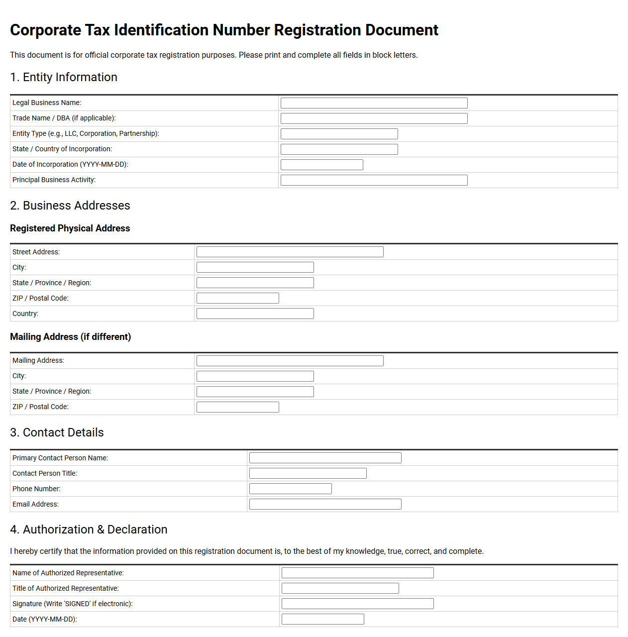 Corporate Tax Identification Number Registration Document