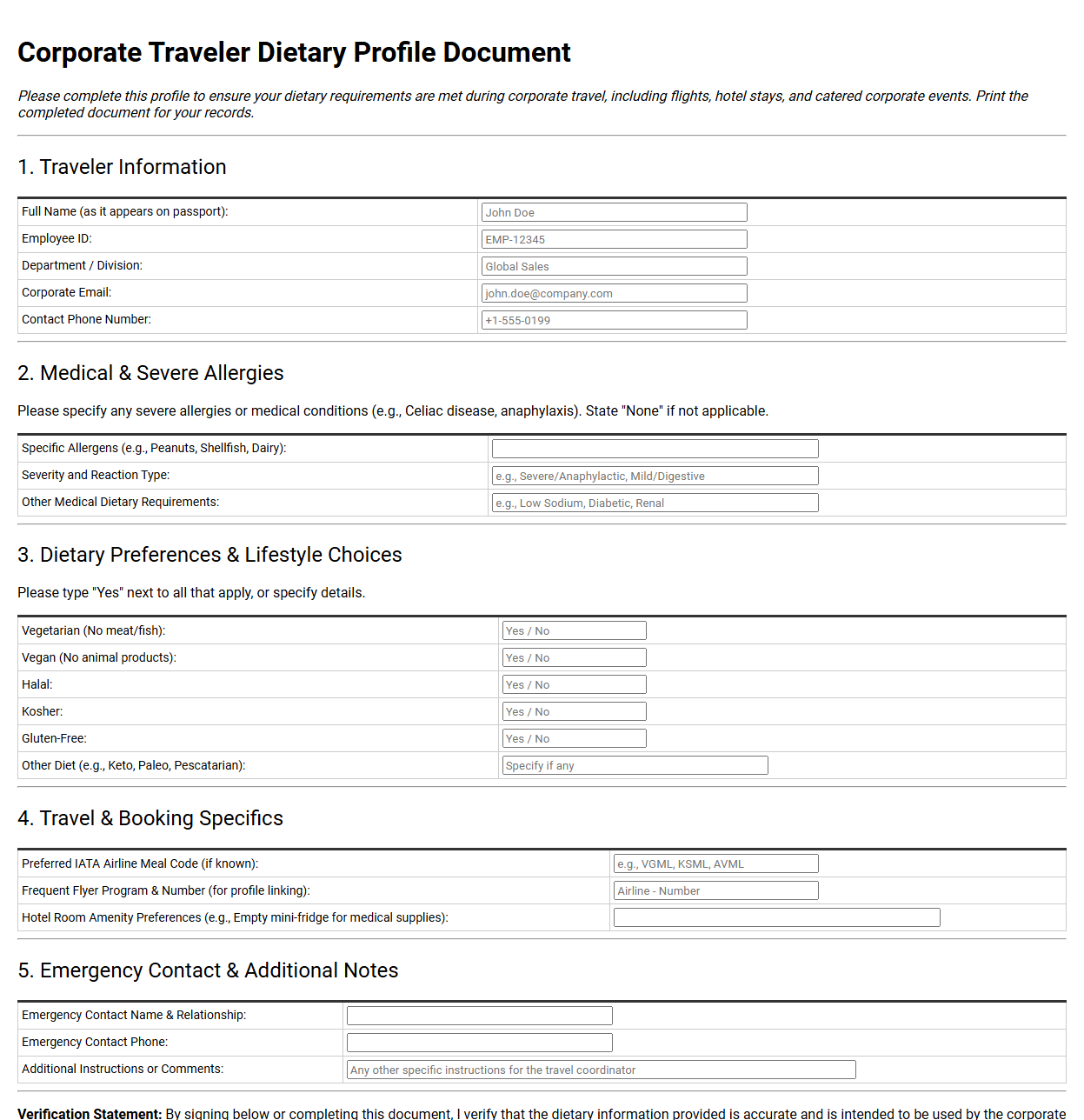 Corporate Traveler Dietary Profile Document