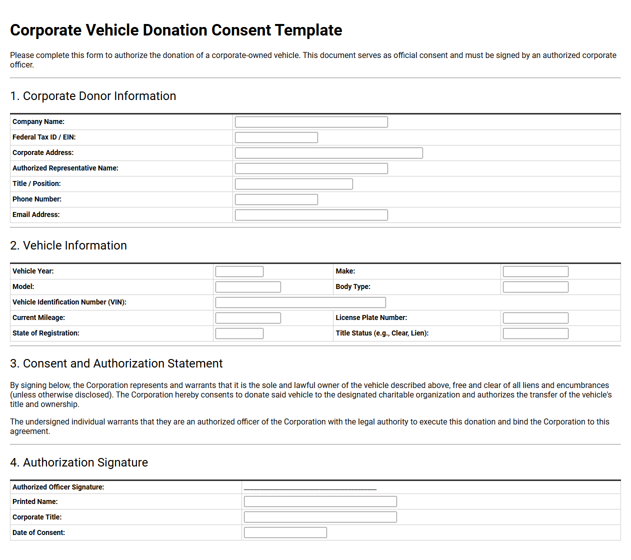 Corporate Vehicle Donation Consent Template