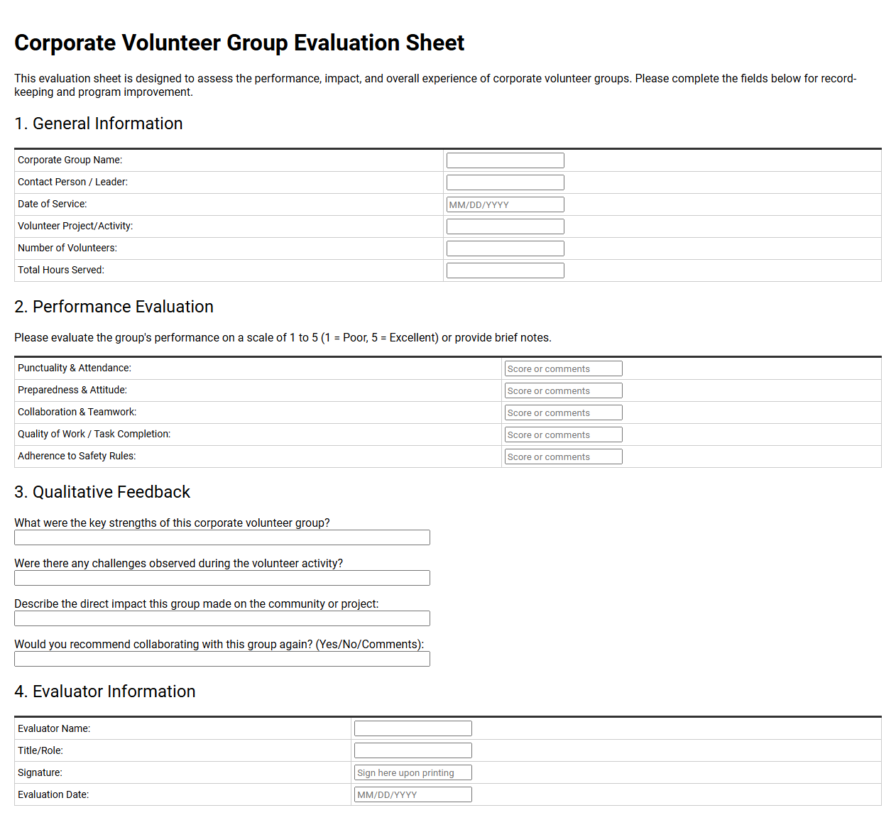 Corporate Volunteer Group Evaluation Sheet