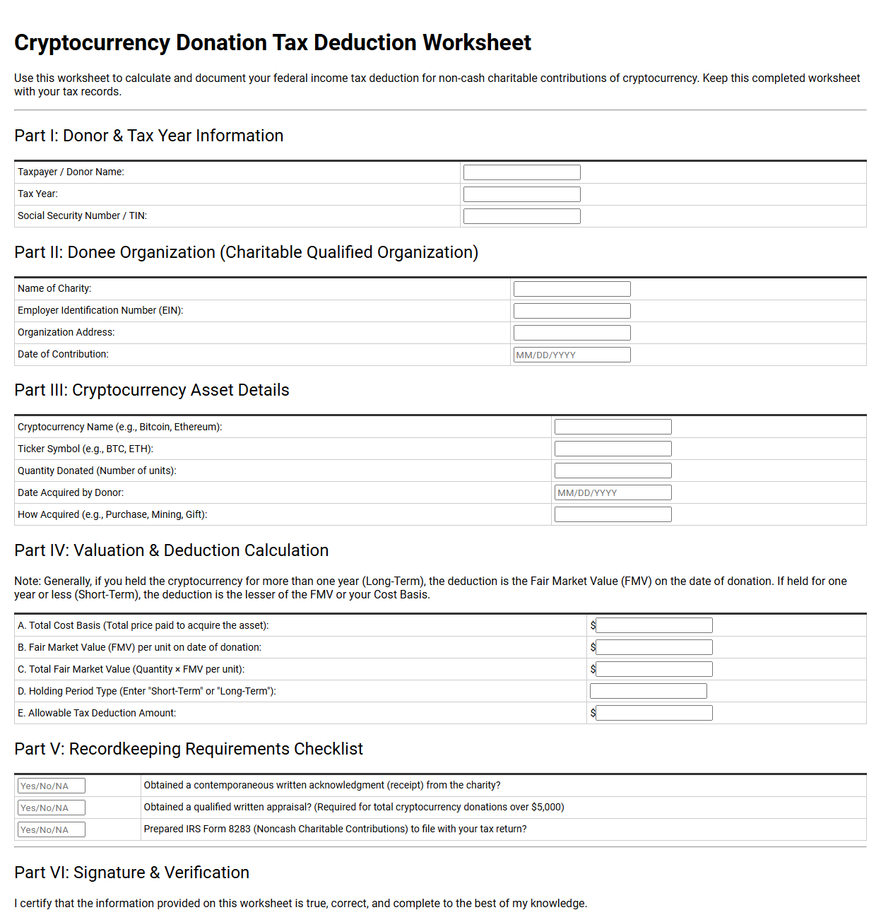 Cryptocurrency Donation Tax Deduction Worksheet