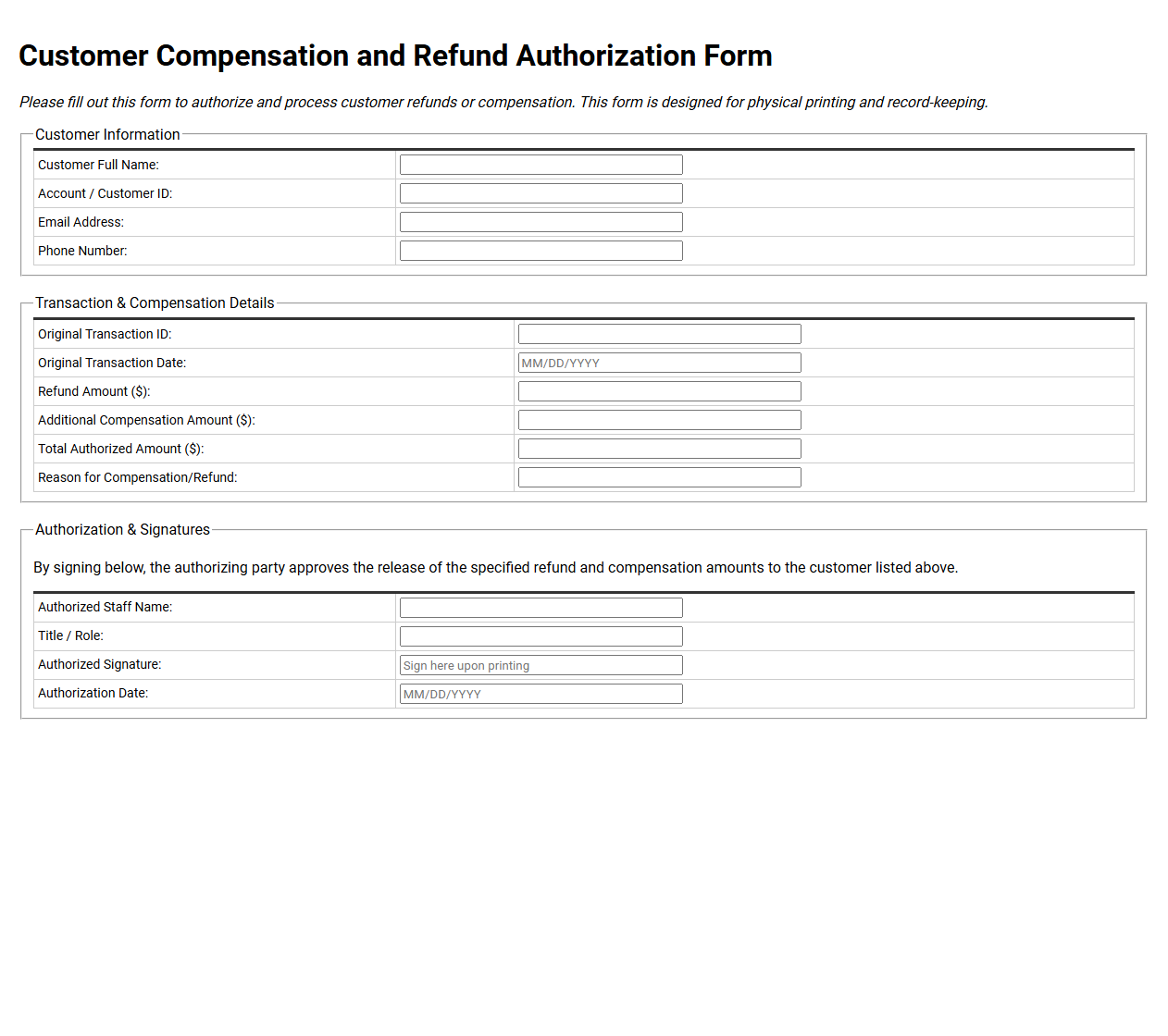 Customer Compensation and Refund Authorization Form