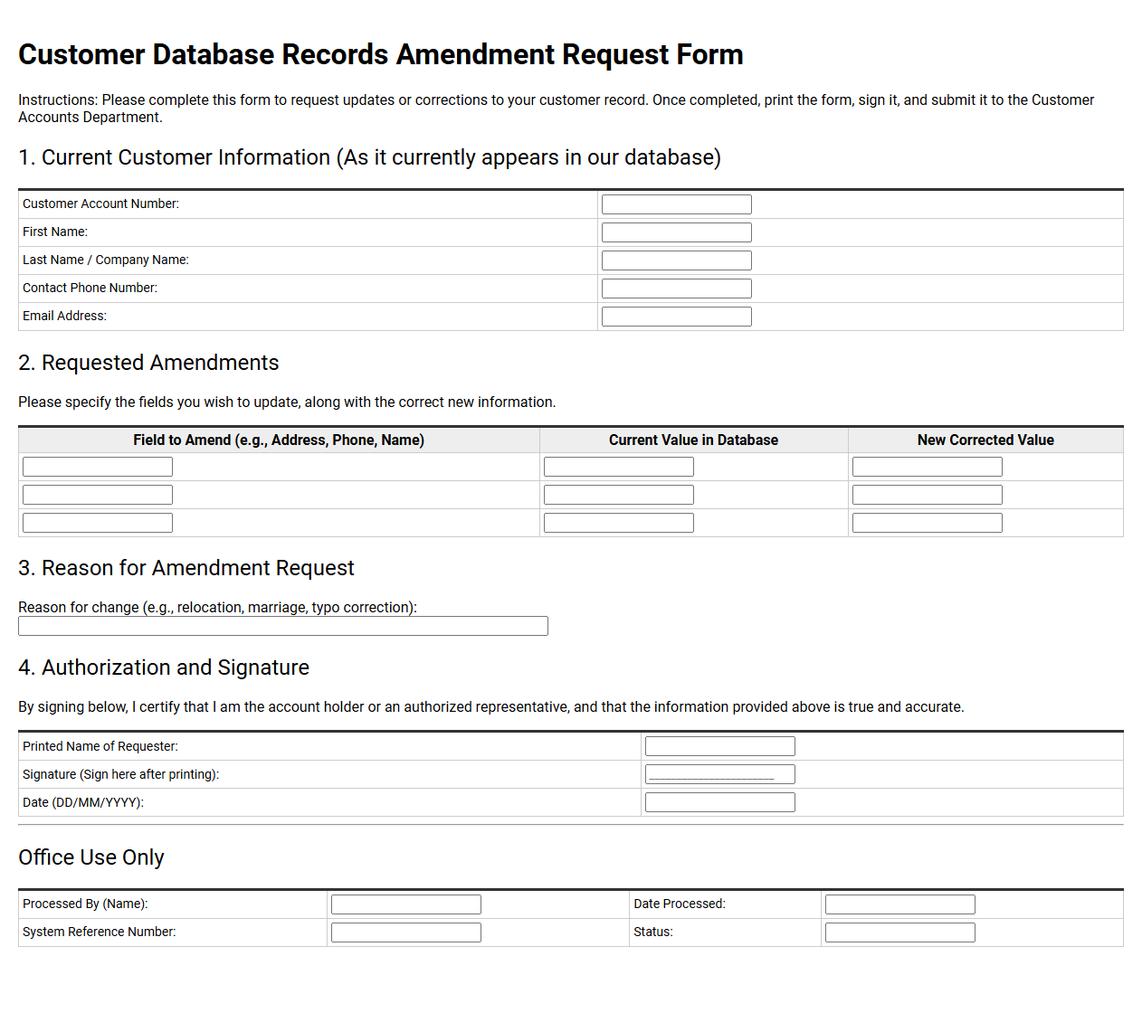 Customer Database Records Amendment Request Form