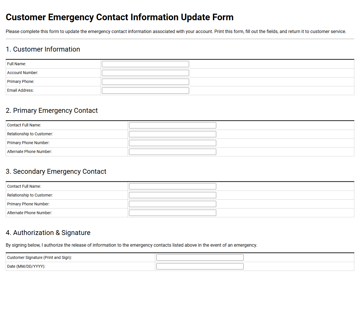 Customer Emergency Contact Information Update Form