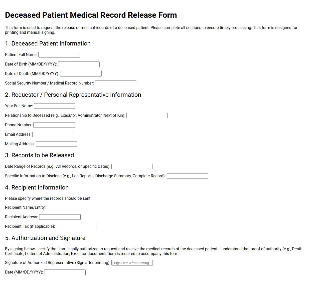 Deceased Patient Medical Record Release Form
