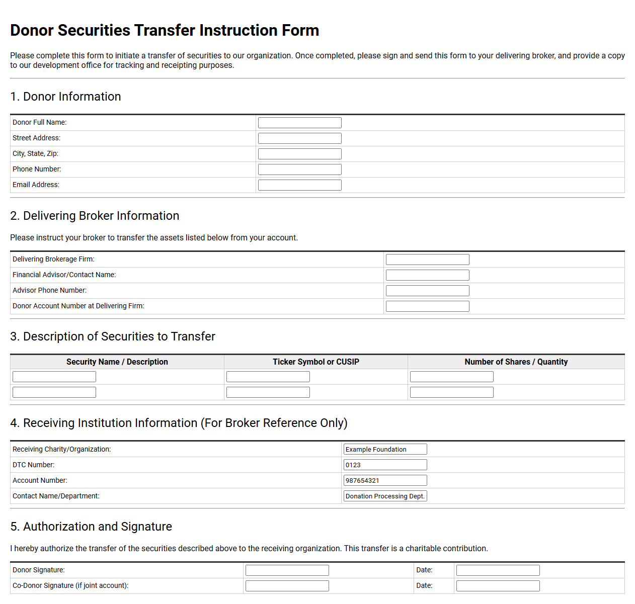 Donor Securities Transfer Instruction Form