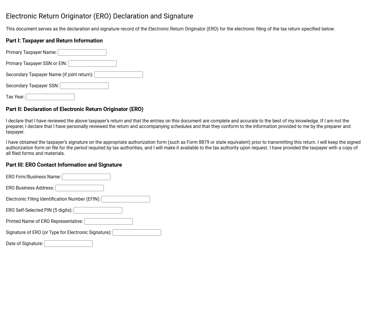 Electronic Return Originator Declaration and Signature Template