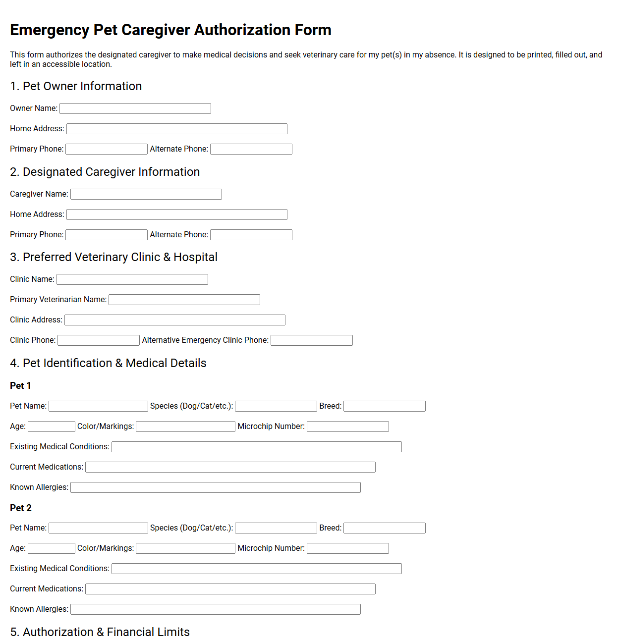 Emergency Pet Caregiver Authorization Form