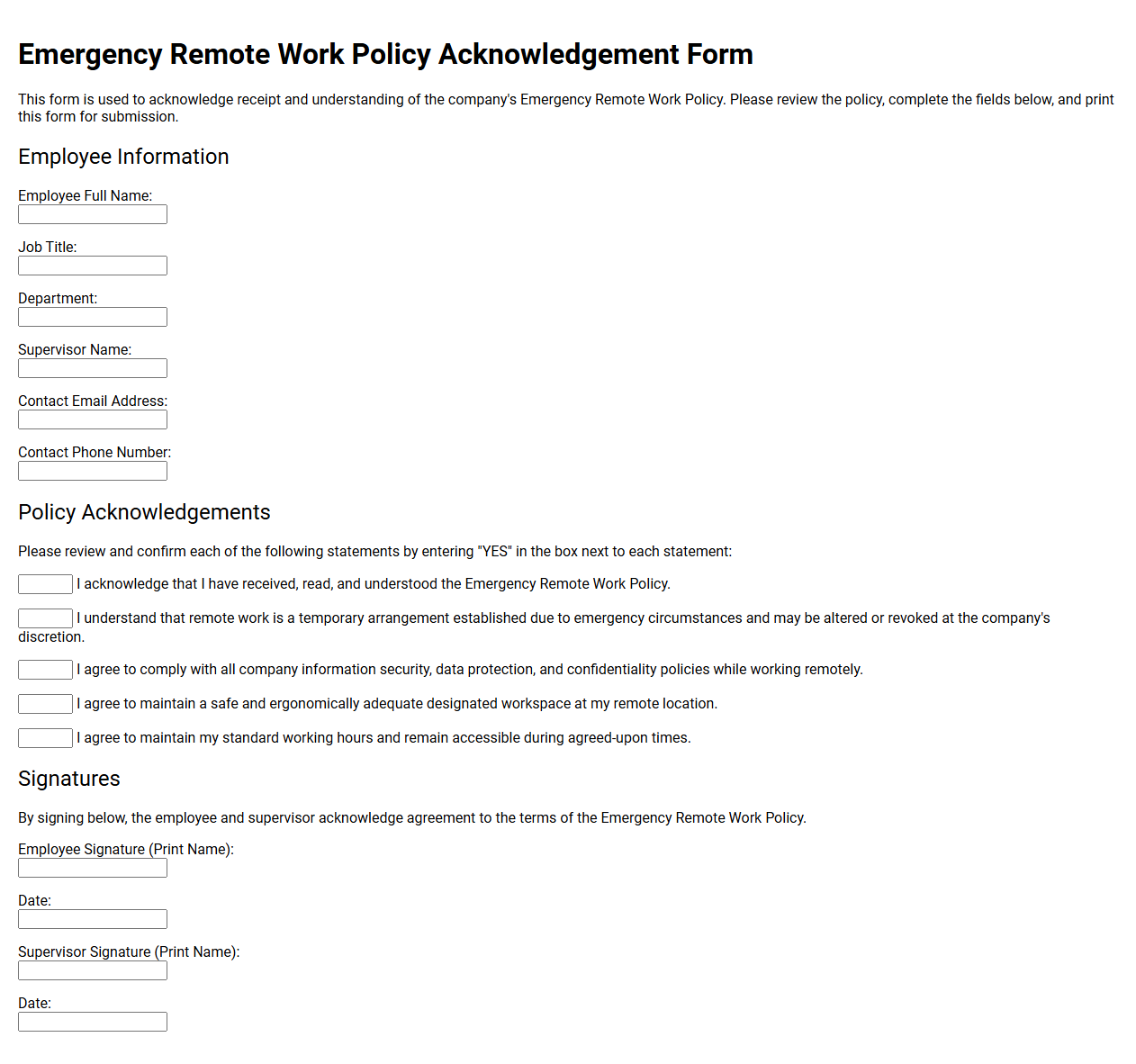 Emergency Remote Work Policy Acknowledgement Form