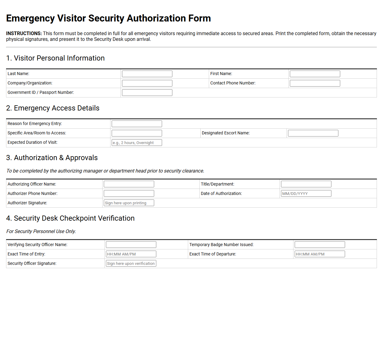 Emergency Visitor Security Authorization Form