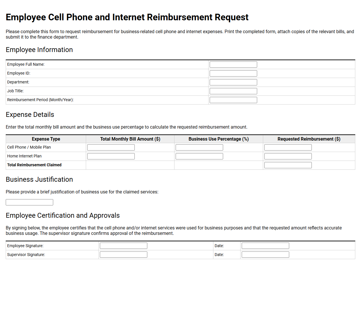 Employee Cell Phone and Internet Reimbursement