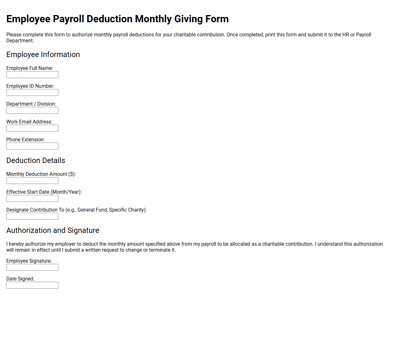 Employee Payroll Deduction Monthly Giving Form