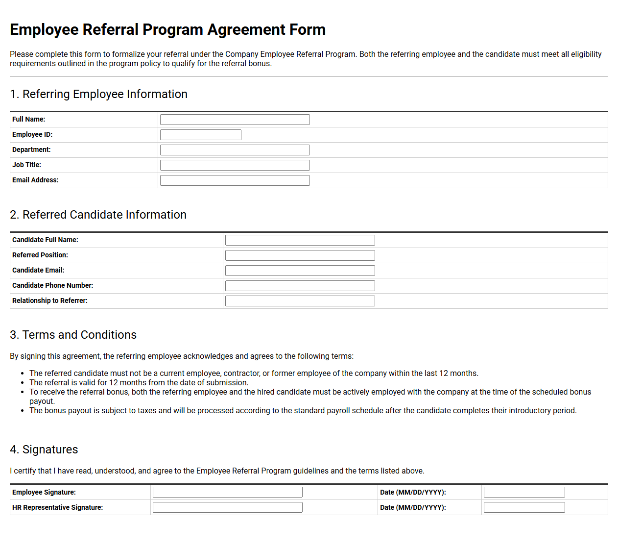 Employee Referral Program Agreement Form