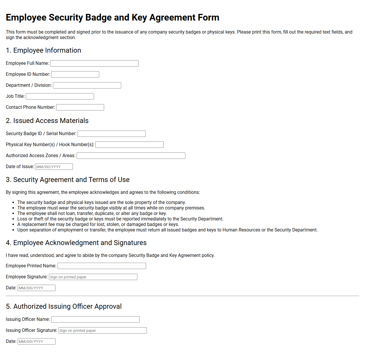 Employee Security Badge and Key Agreement Form