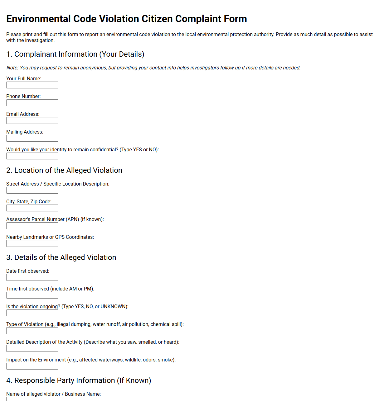 Environmental Code Violation Citizen Complaint Form