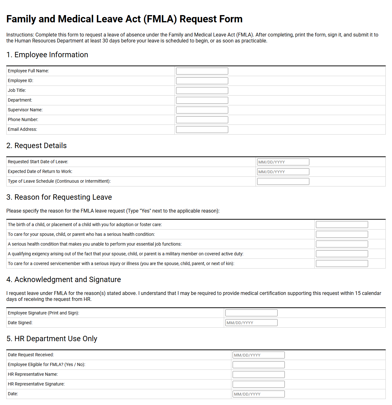 Family and Medical Leave Act Request Form Template