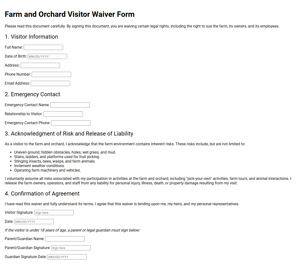 Farm and Orchard Visitor Waiver Form