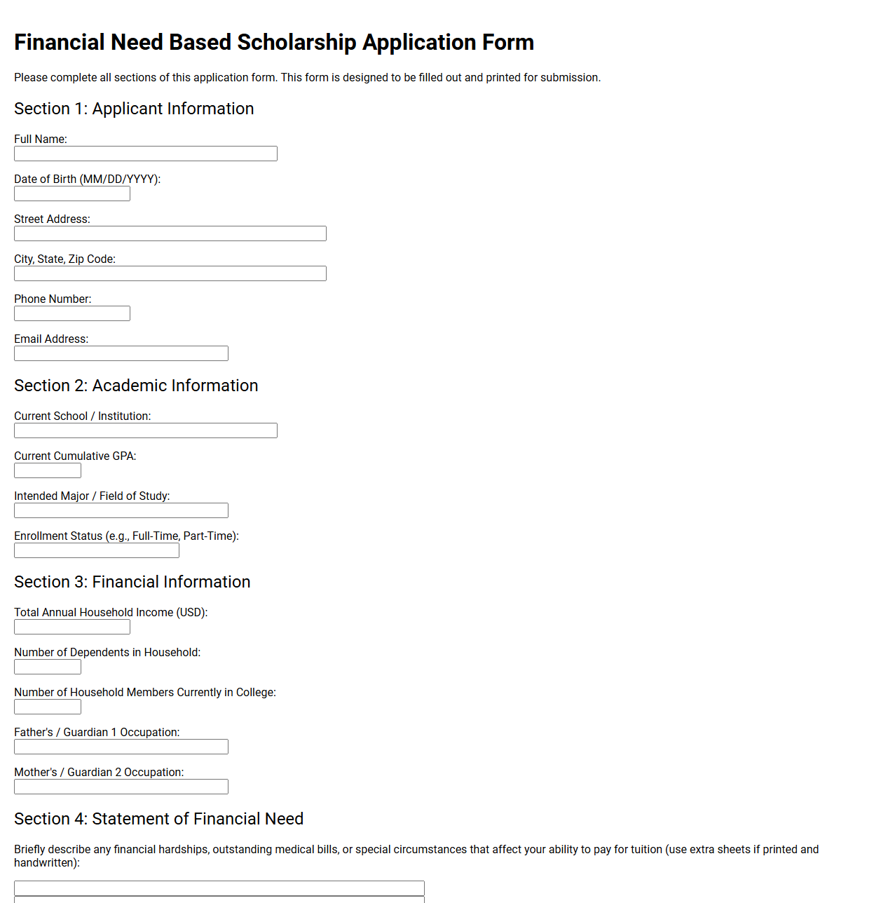Financial Need Based Scholarship Application Form