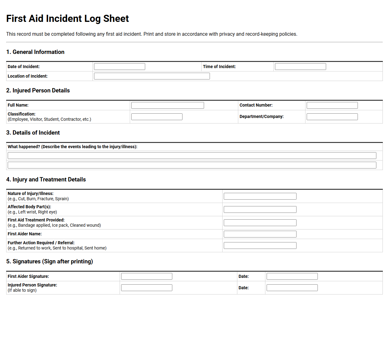 First Aid Incident Log Sheet