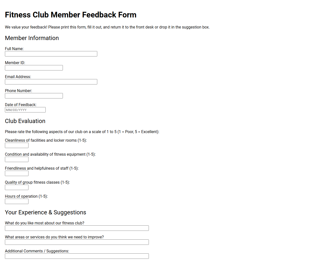 Fitness Club Member Feedback Form Template