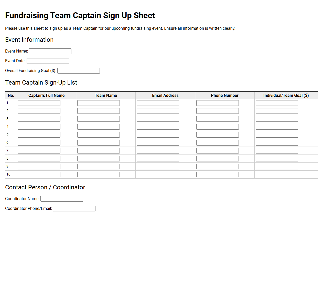 Fundraising Team Captain Sign Up Sheet