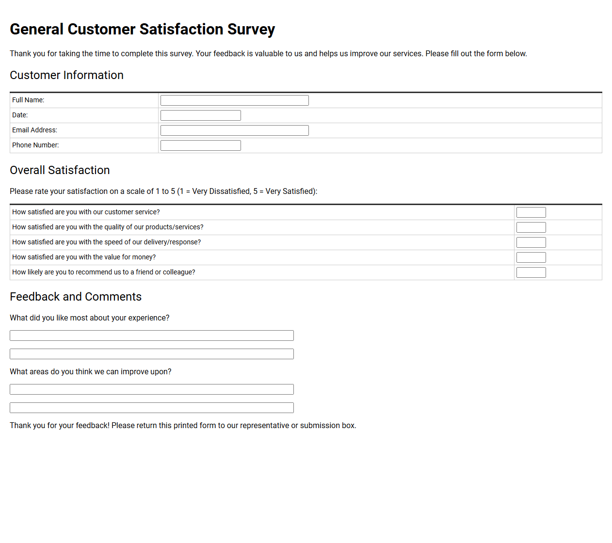 General Customer Satisfaction Survey Form