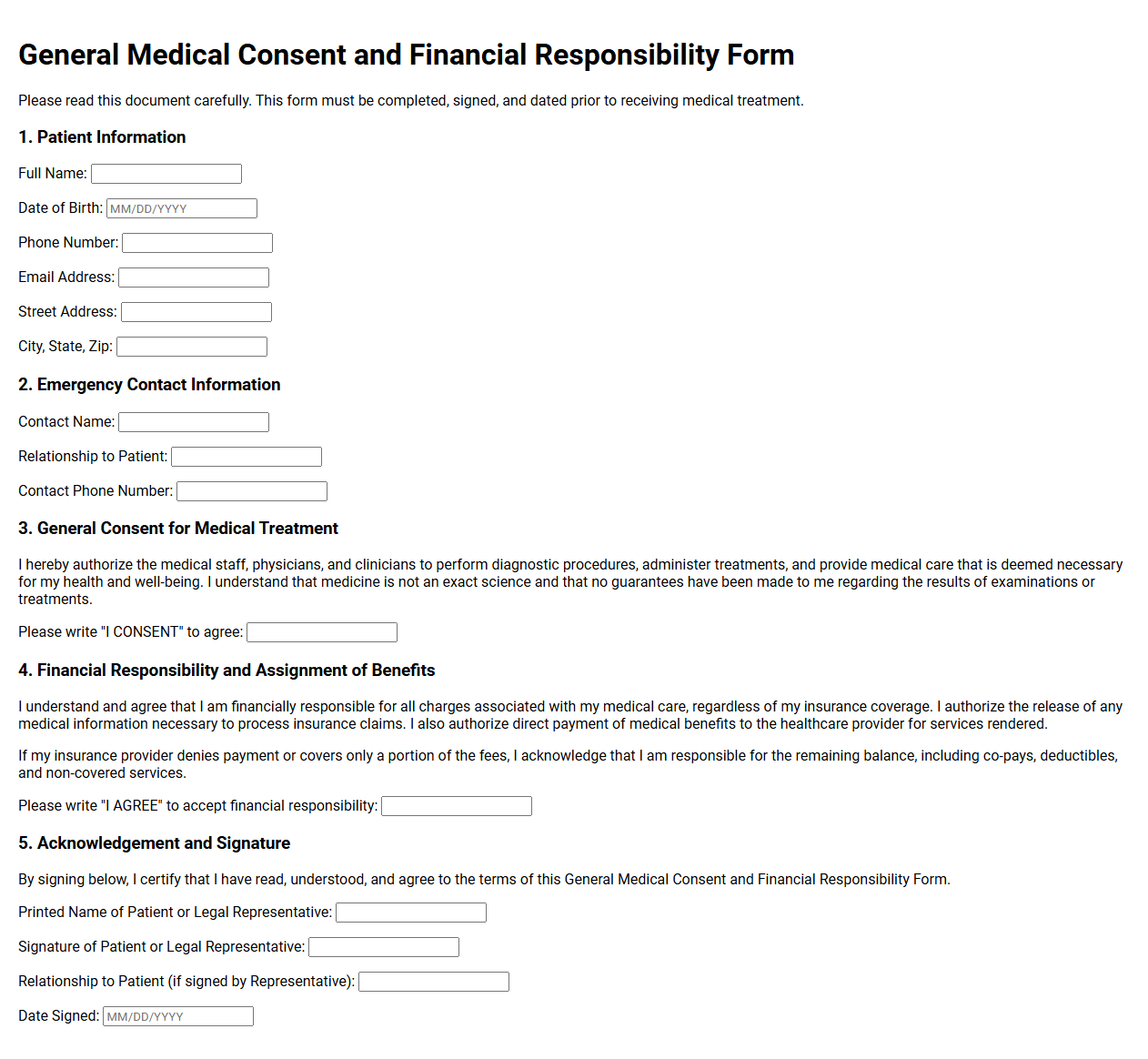 General Medical Consent and Financial Responsibility Form