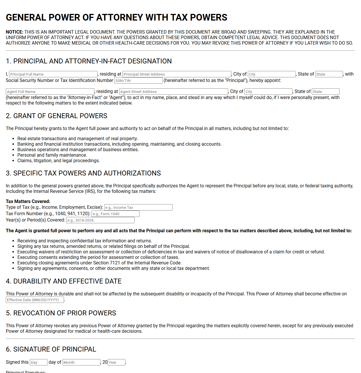General Power of Attorney with Tax Powers