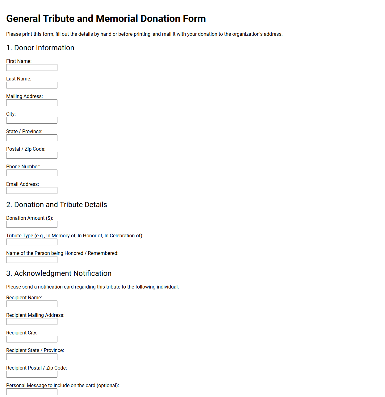 General Tribute and Memorial Donation Template
