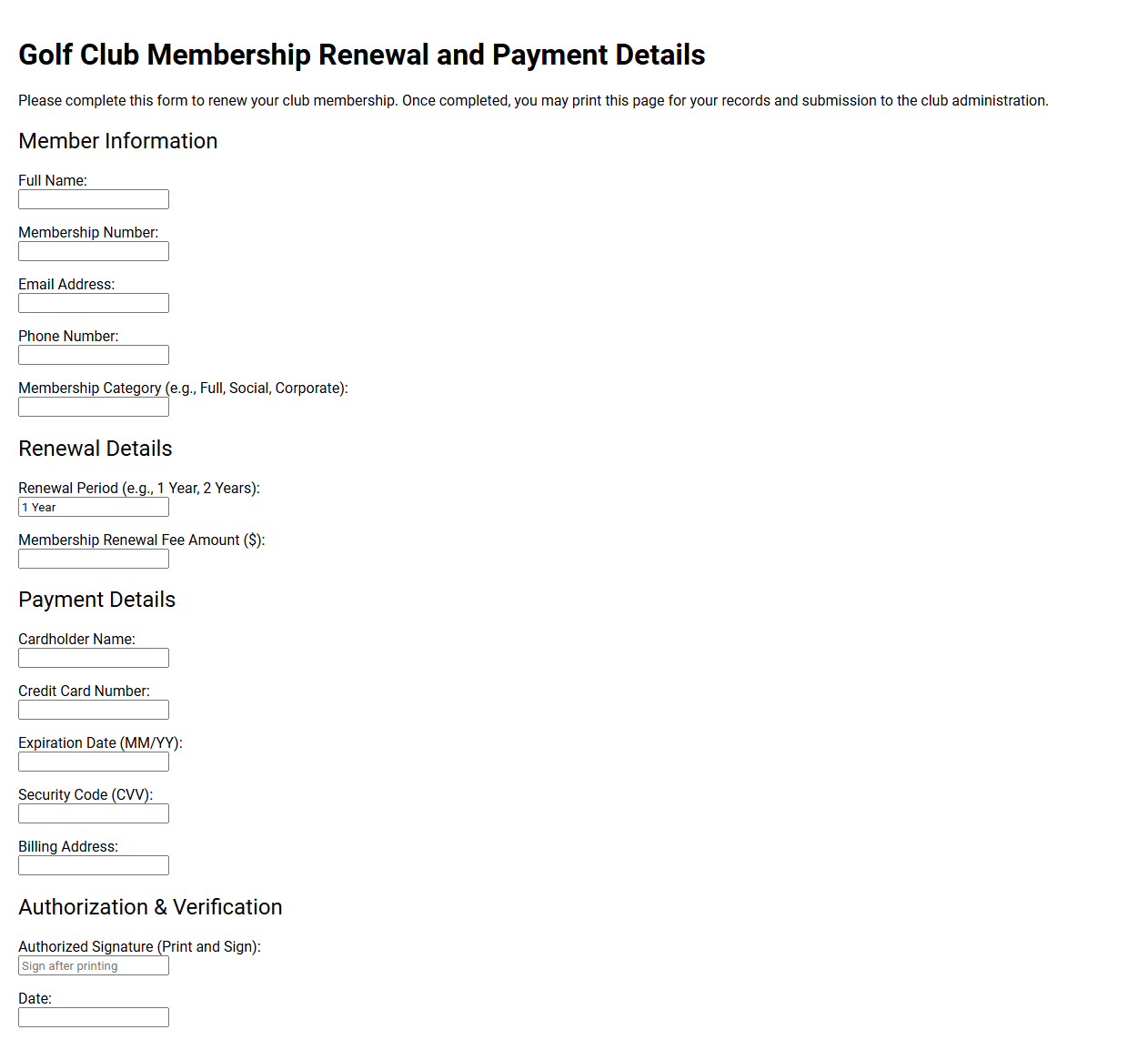 Golf Club Membership Renewal and Payment Details